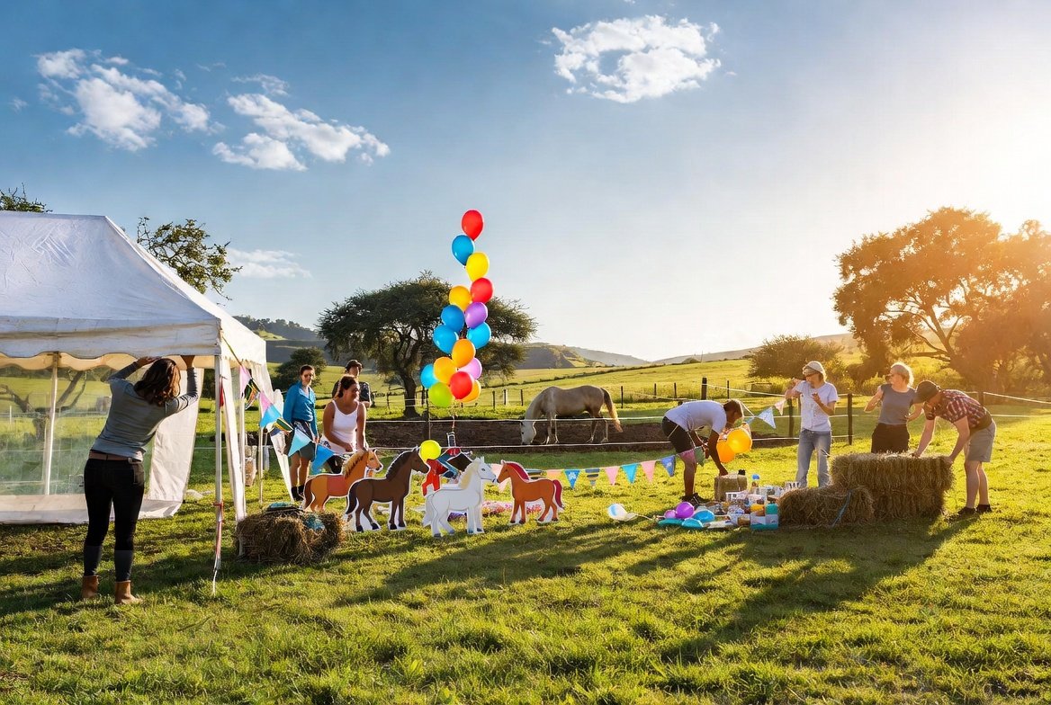 Staff setting up for a pony party